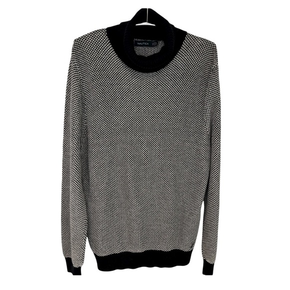 VINTAGE Nautica 100% Cotton Black and White Knit Patterned Turtleneck Sweater - Picture 1 of 11